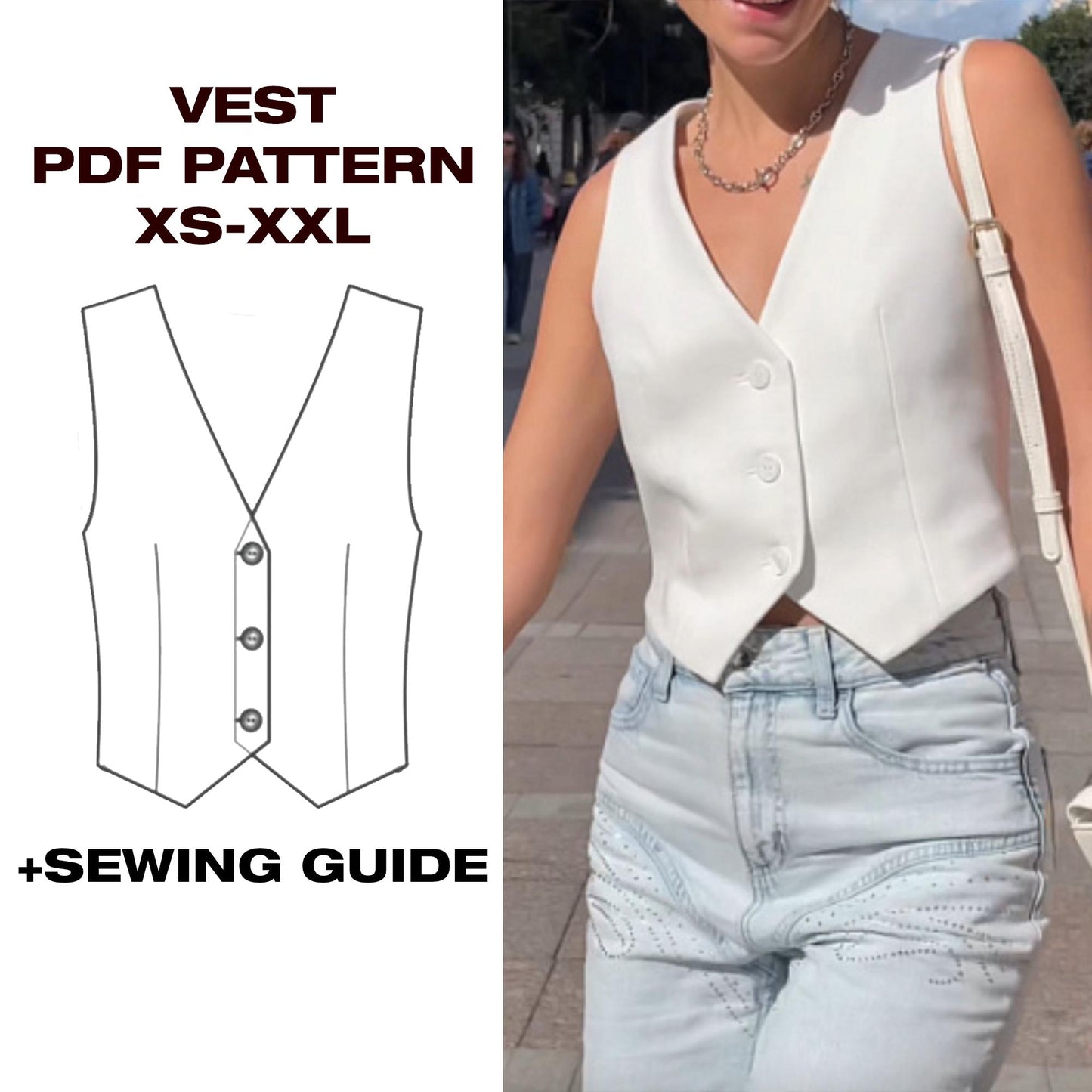 Women's Classic Vest Sewing Pattern | Fitted Buttoned Vest | DIY Tailored Vest PDF | Waistcoat Jacket