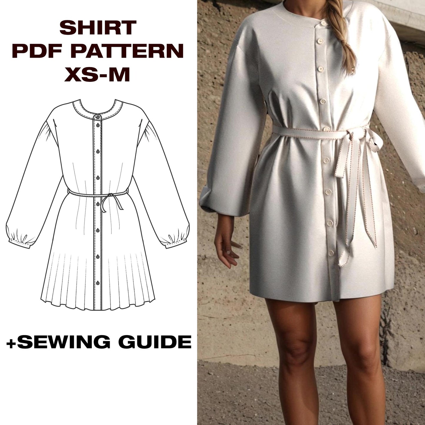 ✨ Shirt Dress with Puffed Sleeves Pattern | Dress | XS–M (US 2–6 / EU 34–38)