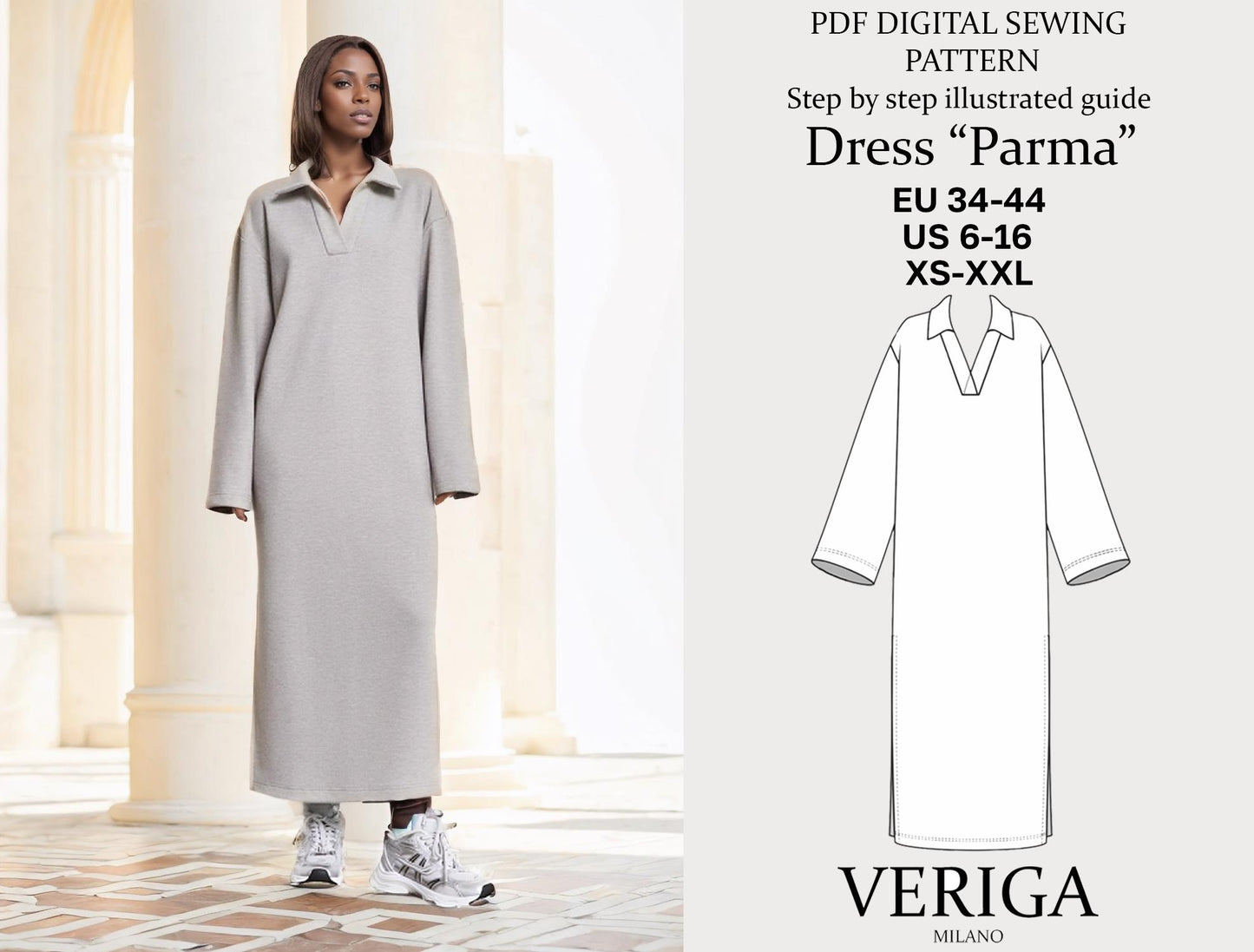Simple V-Neck Dress Pattern – Women’s Long Sleeve Spring Dress in Cotton Linen