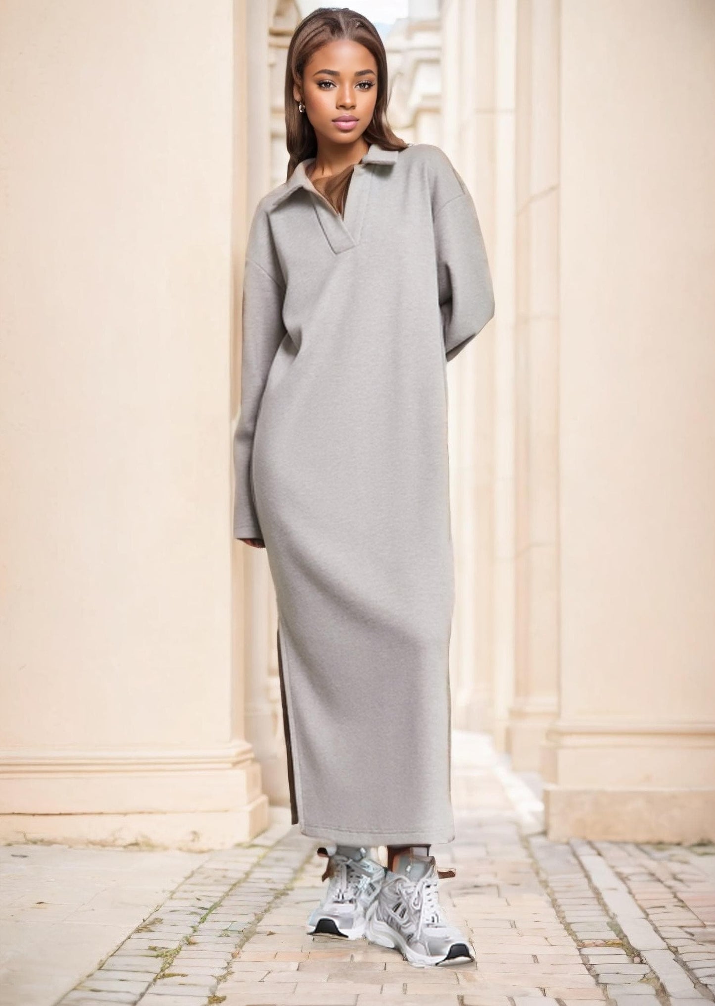 Simple V-Neck Dress Pattern – Women’s Long Sleeve Spring Dress in Cotton Linen