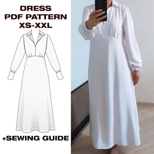 Semi-Fitted Dress Sewing Pattern | Turn-Down Collar Dress | A-Line Dress | US 6-16