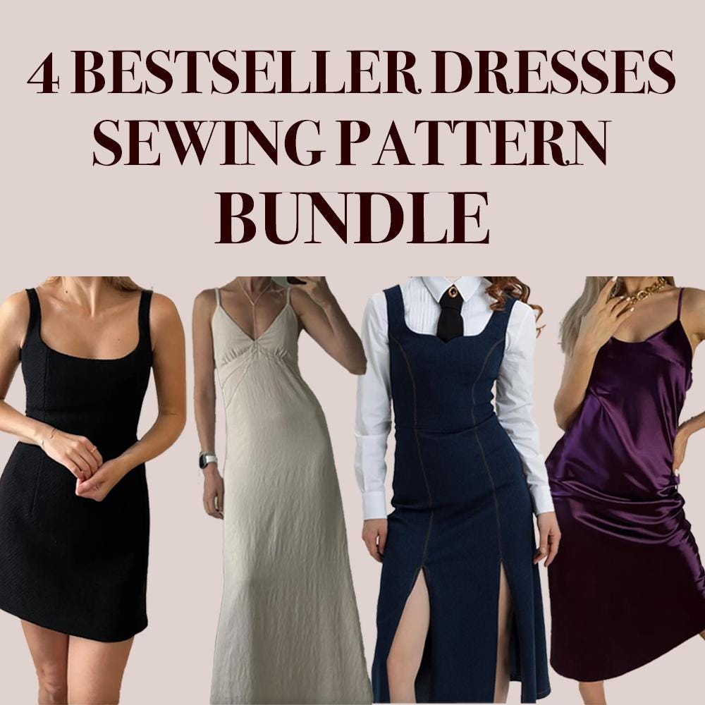 Beginner Summer Dress Pattern Bundle | 4 Easy Patterns | Naples dress | A Line Dress | Midi Denim dress | Slip dress | XS-XXL | US2-12