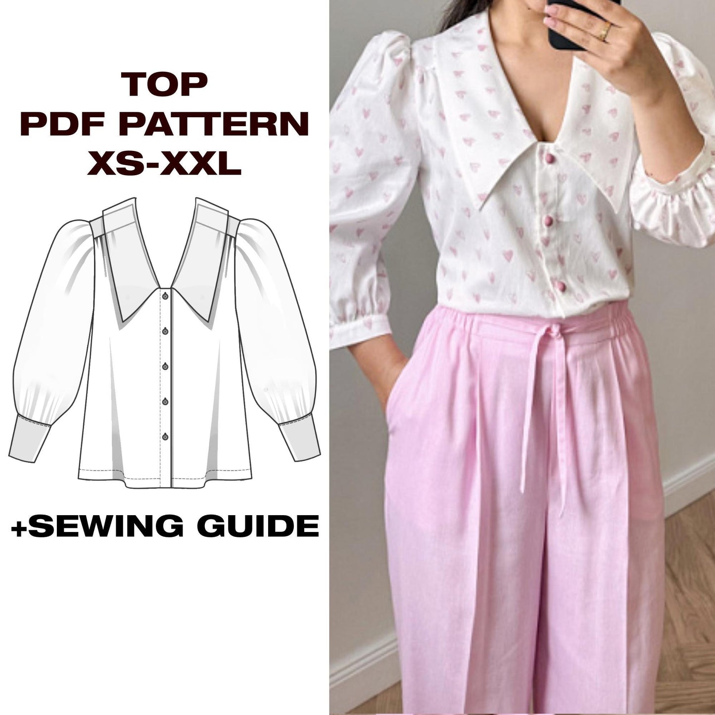 Summer Puffed Sleeve Peplum Tie Top Sewing Pattern | Collared Shirt Top | XS-XXL