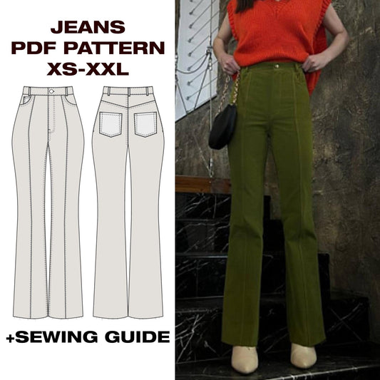 Flared jeans, High waisted jeans pattern, Summer jeans pattern, Skinny jeans pattern, trendy jeans pattern US 6-16 | A4, Letter, Plotter