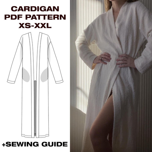 Cardigan long robe pattern, Kimono robe pattern, Wrap robe pattern, Robe for sleep, Bathrobe pattern XS-XXL | US6-16 | A4, Letter, Plotter