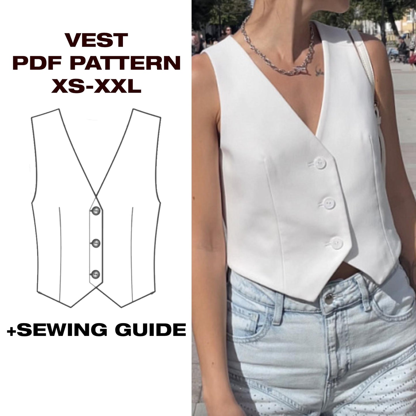 Women's Classic Vest Sewing Pattern | Fitted Buttoned Vest | DIY Tailored Vest PDF | Waistcoat Jacket