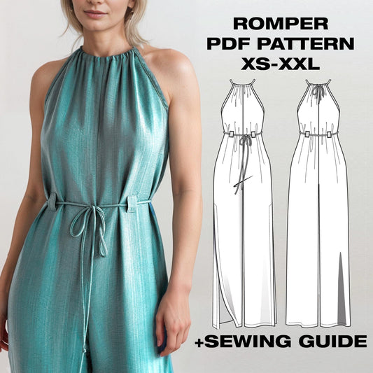 Sleeveless Long Romper Sewing Pattern | Jumpsuit with Waist Tie | US 6-16