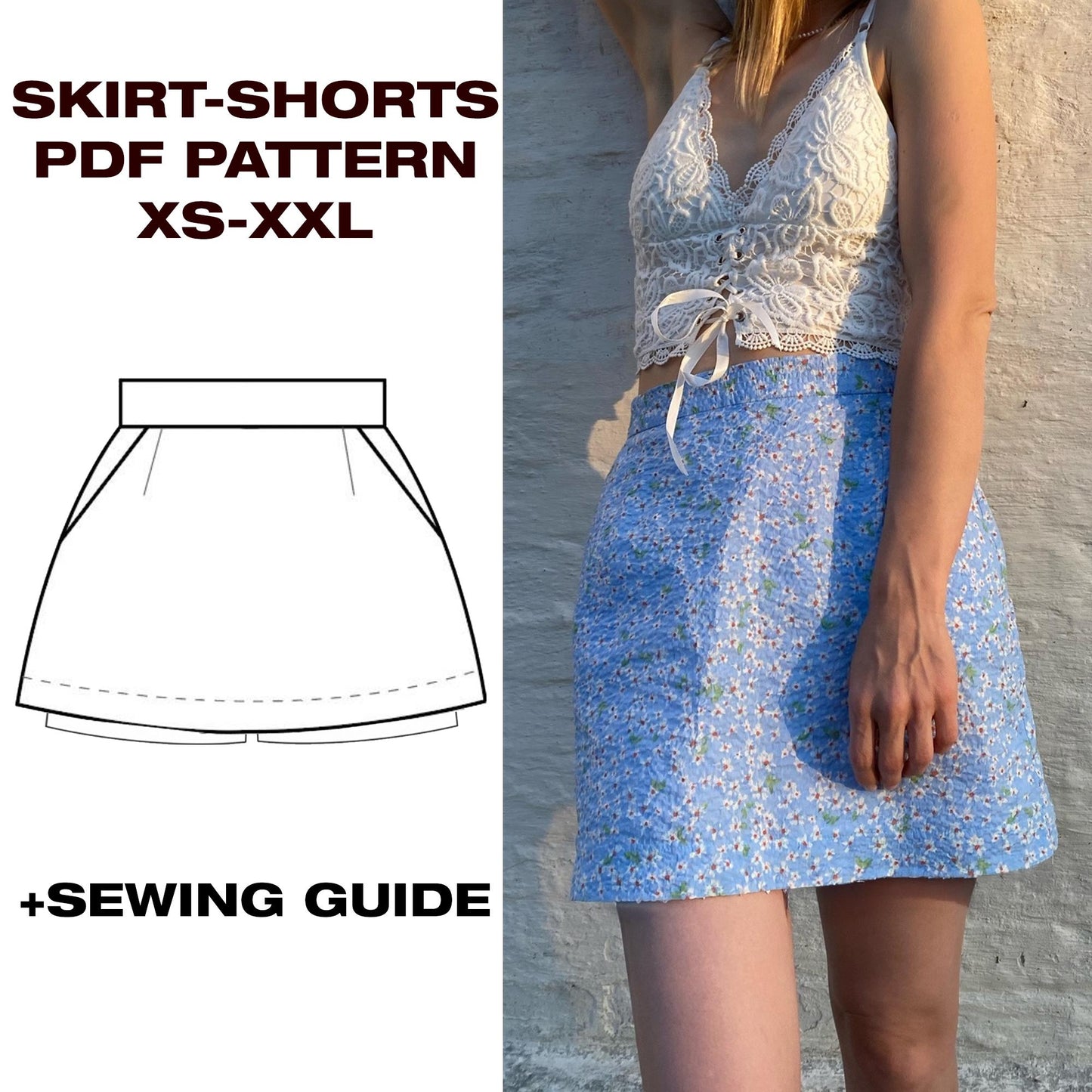 Summer Mini Skirt-Shorts Sewing Pattern | A-Line Skirt with Shorts | US 6-16