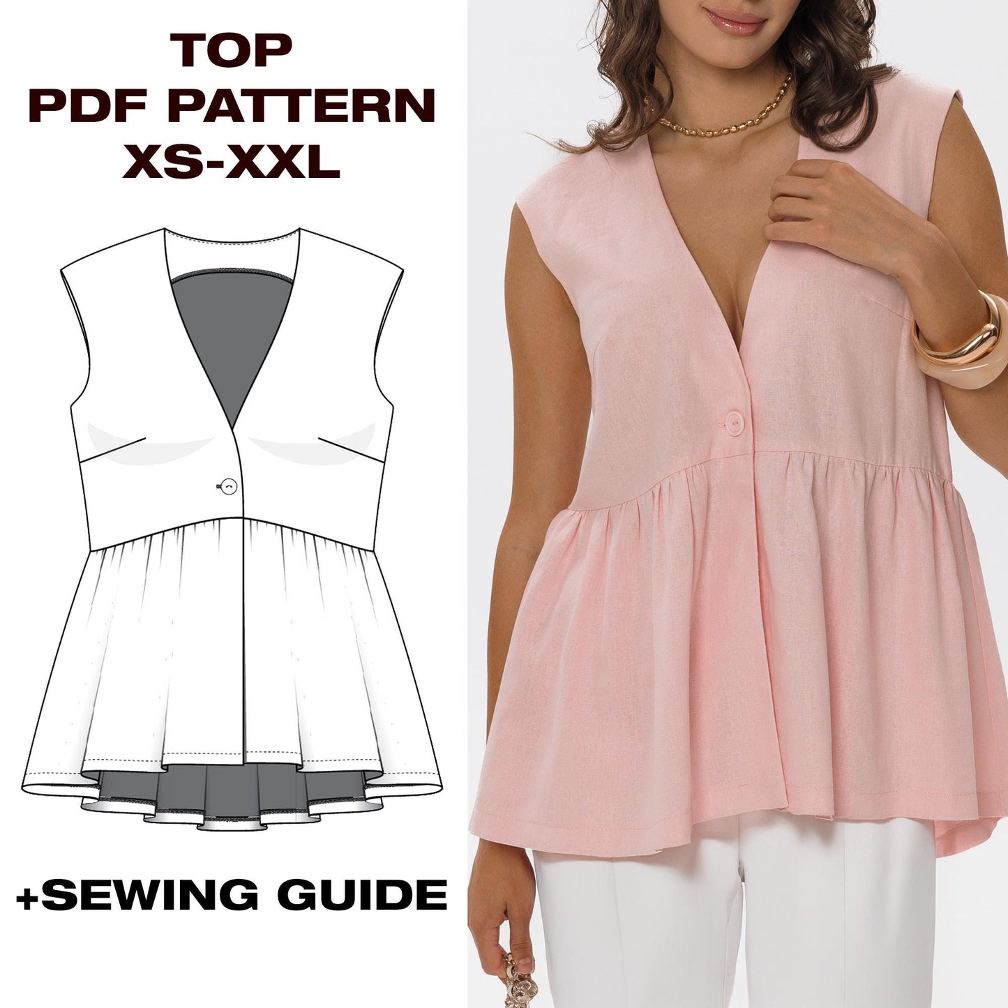 Ruffle Wrap Summer Top Sewing Pattern | Draped Shirt Top | XS-XXL