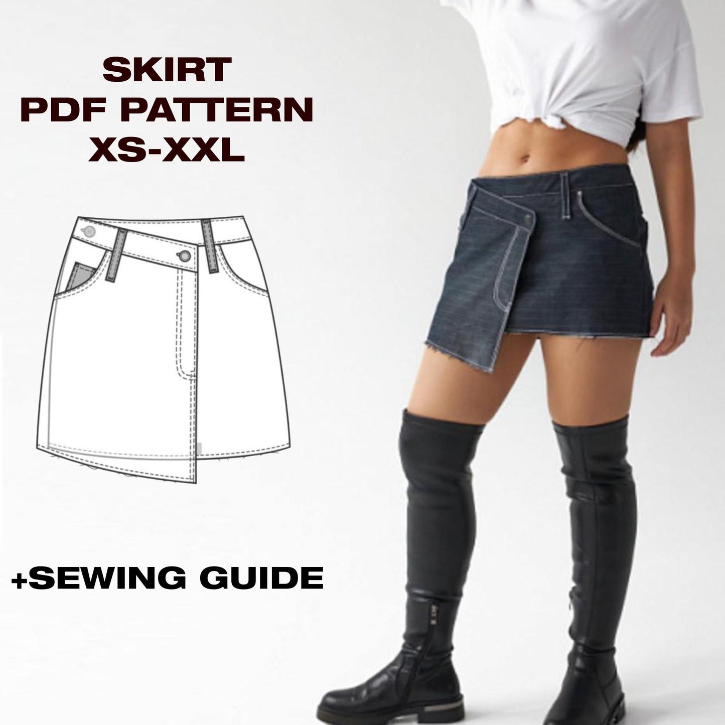 Mini Skirt Sewing Pattern | High Waist Skirt Pattern | A-line Skirt Pattern | Jeans skirt pattern | Beginner | US 6-16 | A4, Letter, Plotter