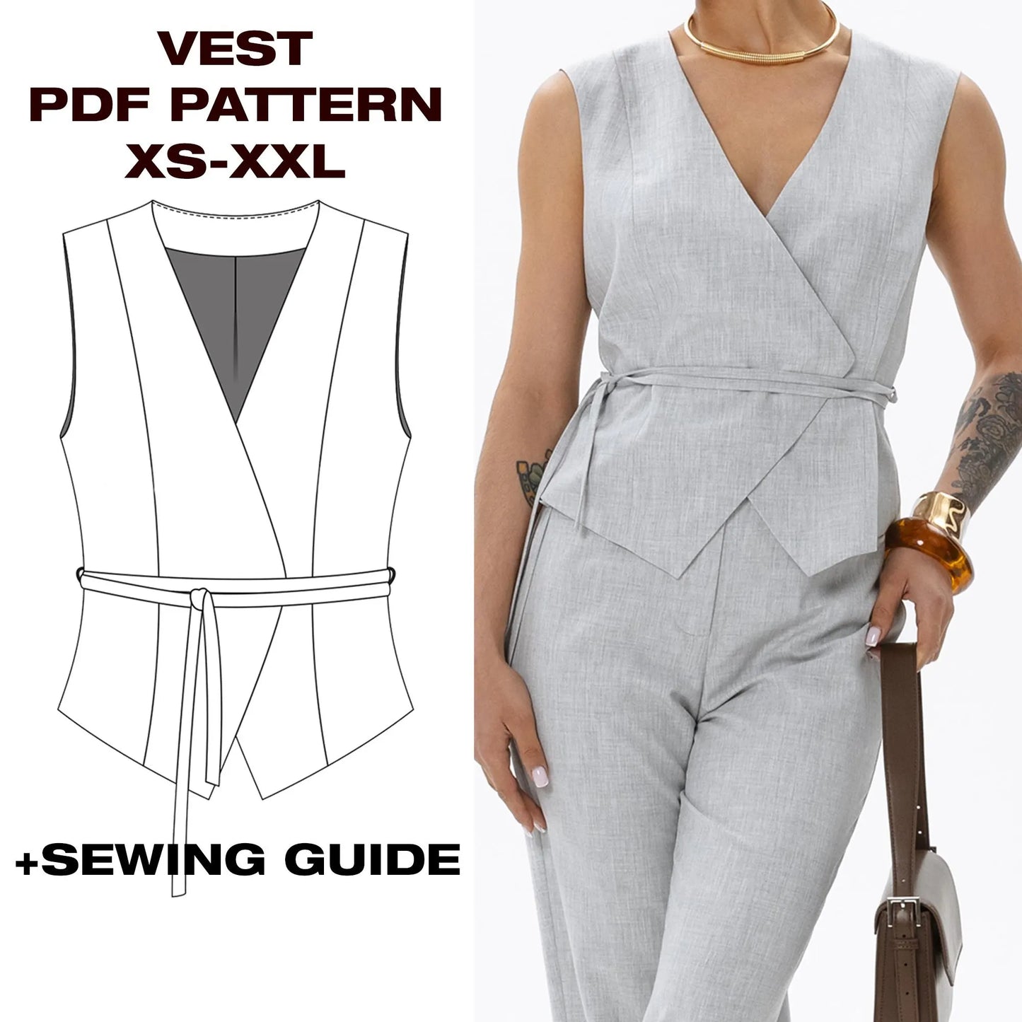 Women's Classic Vest Sewing Pattern | Summer Vest pattern | DIY Tailored Vest pdf | Women Waistcoat Jacket | Plotter, USletter, A4 | XS-XXL